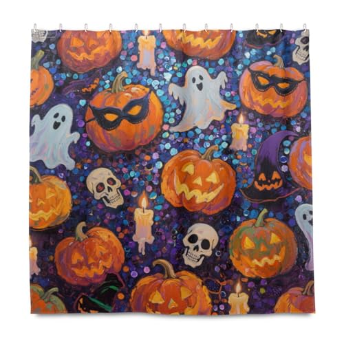 EtherSpher Halloween Orange Pailletten Kürbis Dekorativer Stoff Wasserdicht Stoff Duschvorhang mit Haken Polyester Waschbares Stoffmaterial Schicker Vorhang Liner für Badewanne Cortinas para ba?o a von EtherSpher