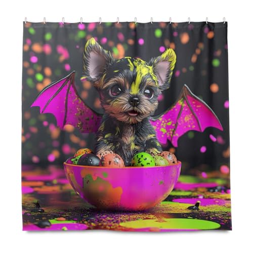 EtherSpher Halloween-Welpe mit Fledermausflügeln, 3D-Render, dekorativer wasserabweisender Duschvorhang, Badezimmer mit Haken, Polyester, maschinenwaschbar, für Badezimmer, Cortinas para ba?os von EtherSpher