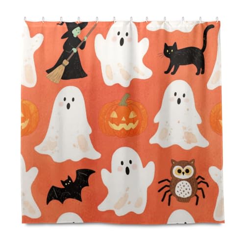 EtherSpher Orangefarbener Halloween-Kürbis-dekorativer Stoff, wasserabweisend, moderner Duschvorhang, mit Haken, Polyester-Stoff, waschbar, Standard-Duschvorhangeinlagen für Badezimmer-Dekoration von EtherSpher