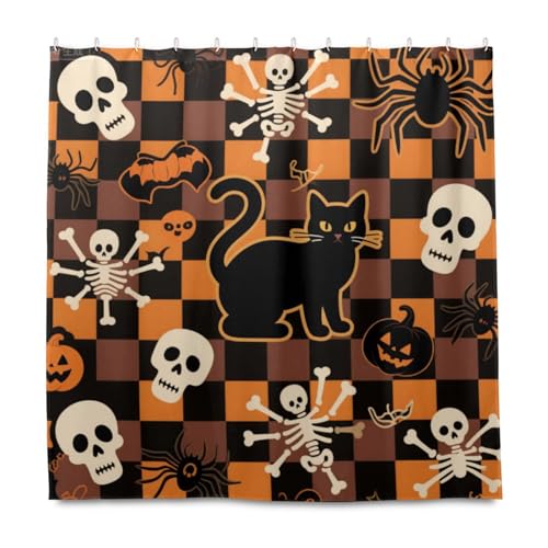 Halloween-Duschvorhang, orangefarbener karierter Kürbis, Katze, Totenkopf, dekorativ, wasserabweisend, Polyester, maschinenwaschbar, Standard-Vorhangeinlagen für Waschraum, Cortina para ba?o von EtherSpher