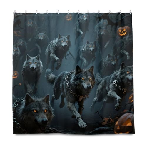 Halloween-Duschvorhang mit Kürbis und Wolf, dekorativer Stoff, wasserdicht, Polyester, mit Haken, Polyester, maschinenwaschbar, Stoffmaterial, Duschvorhang, Auskleidung für Druckdusche, Cortina de von EtherSpher