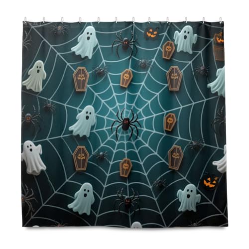 Halloween-Duschvorhang mit Spinnennetz, dekorativ, wasserdicht, Polyester, mit Haken, Polyester, lang, waschbar, Stoffvorhang für Hauptbadezimmer, Cortinas para ba?o de tela, 183 x 183 cm, Schwarz von EtherSpher