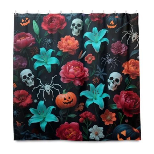 Halloween-Duschvorhang mit gelbem Kürbis-Schädel und Blume, dekorativ, wasserdicht, dekorativer Duschvorhang mit Haken, Polyester-Stoff, waschbar, für Waschraum, Cortina para ba?o a prueba de von EtherSpher