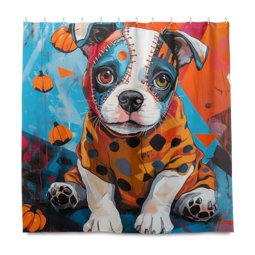 Halloween-Welpe Memphis Kunststil, dekorativer Duschvorhang, wasserdicht, mit Haken, Polyester, waschbar, schicker Vorhang für Hauptbadezimmer, Cortinas para ba?os, 183 x 183 cm von EtherSpher