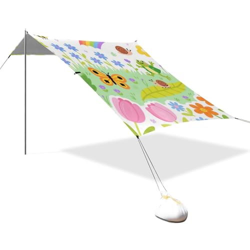 Kindliche Illustration Schmetterling Regenbogen Blume Biene bunt gestaltet LSF 50+ Faltbares Strandzelt Wasserdicht Großer Sonnenschutz mit Sandtaschen für Garten und Camping Zubehör para Playa von EtherSpher