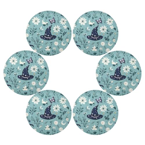Mystery Witch Hats Blue Boho Rattan Runde Tischsets Wasserdicht Platzset Hitzebeständig Tapetes Para Mesa de Comedor 39,1 x 39,1 cm Set mit 6 Stück von EtherSpher