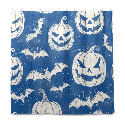 Transparente Linien, Fledermäuse, Kürbisse, Vintage, Halloween, dekoratives Tuch, wasserdicht, lange Duschvorhänge mit Haken, Polyester, waschbares Stoffmaterial, Vorhangeinlage für von EtherSpher