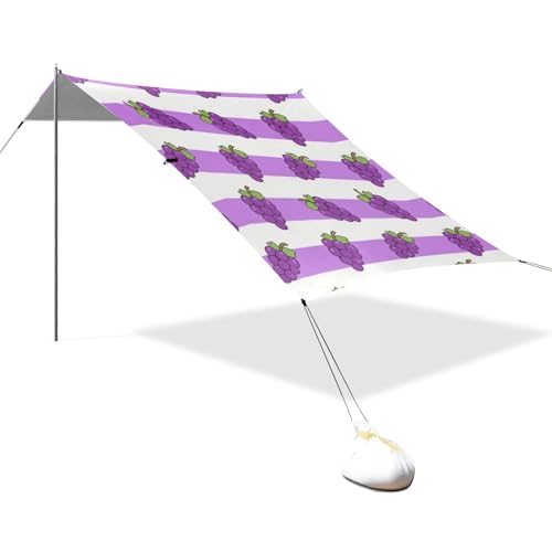 Violett-weiß gestreiftes Traubenfrucht-Design UPF50+ Beach Cabana Leichter Outdoor-Sonnenschutz mit Sandsäcken und Schaufel für Campingausflüge, Angeln, Hinterhofspaß oder Picknicks, Strandschirm von EtherSpher