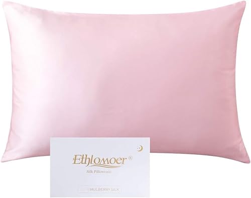 Ethlomoer Kissenbezug aus 100% natürlicher Reiner Seide für Haar und Haut, beidseitig 19 Momme, 600 Fadenzahl, Design mit verstecktem Reißverschluss, 1 Stück 40x60cm Pink von Ethlomoer