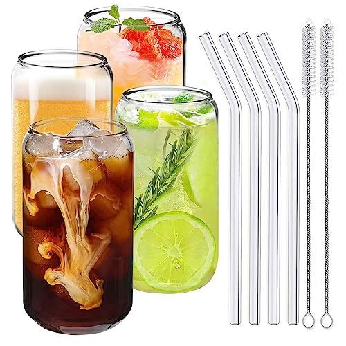 4er Set Gläser Dosenform, 500ML Glas mit Strohhalm, Eiskaffee Gläser, Dosenförmige Glasbecher, Iced Coffee Glas, Cocktailgläser Trinkgläser mit Strohhalm, für Bier, Smoothie, Milchshake, Geschenk von Etievort