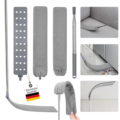 Staubwedel Teleskop Waschbar,Staubwedel lang ausziehbar mit Edelstahlgriff, Mit Zwei Austauschbare Staub wischer, Staubwedel mit teleskopstange Reinigen für Sofa, Betten, Autos von Etievort