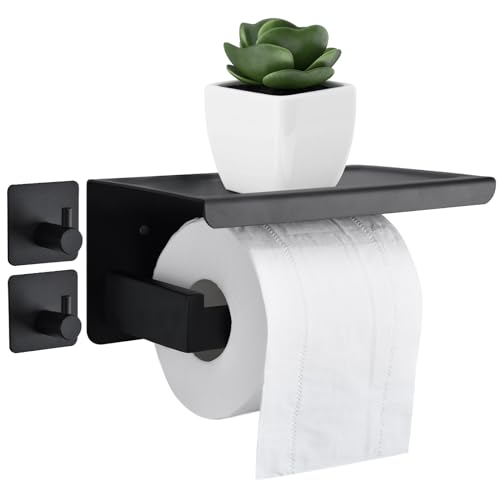 Toilettenpapierhalter, Toilet Paper Holder, Klorollenhalter, Toilettenpapierhalter mit Ablage, WC Papier Halterung mit 2 Klebehaken Wandmontage (schwarz) von Etievort