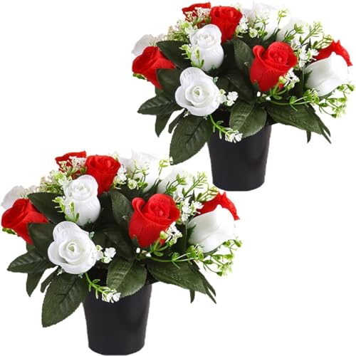 2 Stück Grabblume im Topf 12 Köpfe künstliche Rose Fake Beerdigung Floral für Gedenkstätten Friedhof Weihnachten Deko von Etomvoop