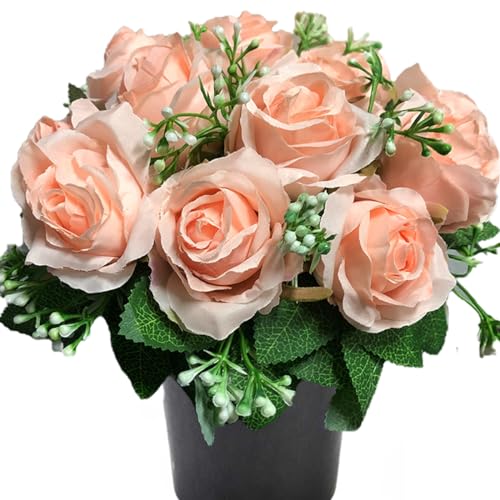 Etomvoop Grabblume mit Topf, 12 Rosa Rose Wie echt künstliche Seide Blume für Gedenkfriedhof dekorativ von Etomvoop