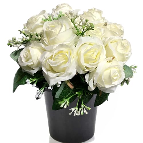 Etomvoop Grabblume mit Topf, 12 Weiß Rose Wie echt künstliche Seide Blume für Gedenkfriedhof dekorativ von Etomvoop