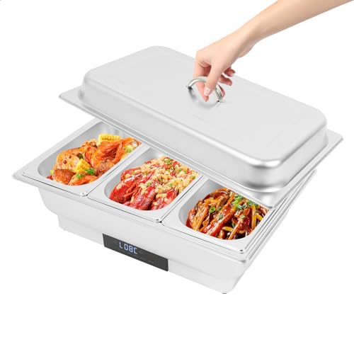 Chafing Dish Elektrisch 9L Edelstahl Speisenwärmer 6.5cm-Tief Warmhaltebehälter Essen Wärmebehälter für Speisen Gastro Behälter Einstellbar-Temperatur Touchscreen Klar-Deckel (1/3 GN-Behälter) von Etrhdfyts