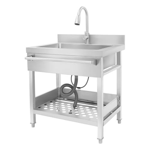 Edelstahl Spültisch Freistehende Küchenspüle mit Ausziehbar-Warm&Kalt-Wasserhahn 1-Ablage Handtuchhalter Blende Freistehende Spüle mit Abflussrohr Abflusssieb Spülbecken 63 * 40 * 19.5cm-Becken von Etrhdfyts