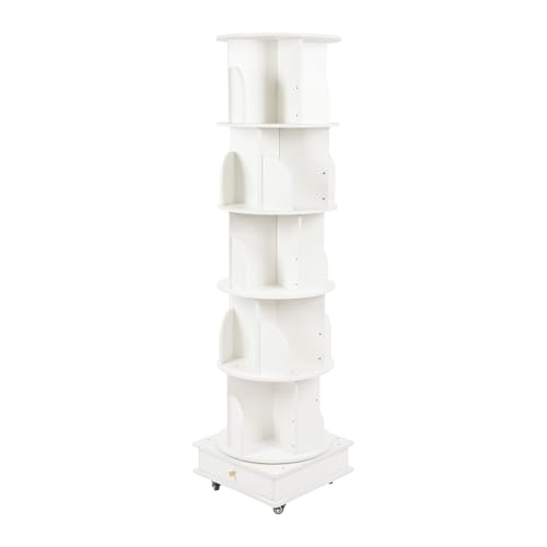 Etrhdfyts 360° Drehbares Bücherregal mit Rollen und 5 Ebenen, Bremsenfixierung Multifunktionales Drehregal Standregal (Weiß) von Etrhdfyts