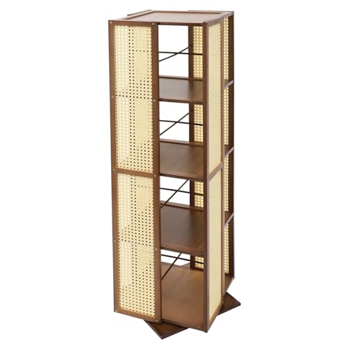 Etrhdfyts Bücherregal 360° Drehbar mit 4 Ebenen aus Bambus Rattan 123cm Hoch 34.5cm Breit Halboffenes Multifunktionales Drehregal Standregal von Etrhdfyts