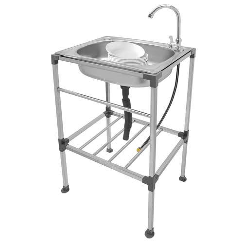 Etrhdfyts Edelstahl Spültisch mit Wasserhahn, Freistehendes Spülbecken mit Ablauf-Schlauch, Küche Spüle mit Unterschrank, Küchenspüle (53 * 38 * 83cm Kaltwasserhahn) von Etrhdfyts