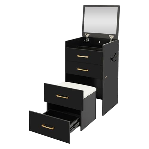 Etrhdfyts Klein Schminktisch mit Hocker mit Stauraum Klappspiegel 50cm-Breit 3 in 1 Eckschminktisch mit 3 Schubladen Eck-Schminktisch mit Sichtbarer-Glasplatte Schminkspiegel Frisiertisch (Schwarz) von Etrhdfyts