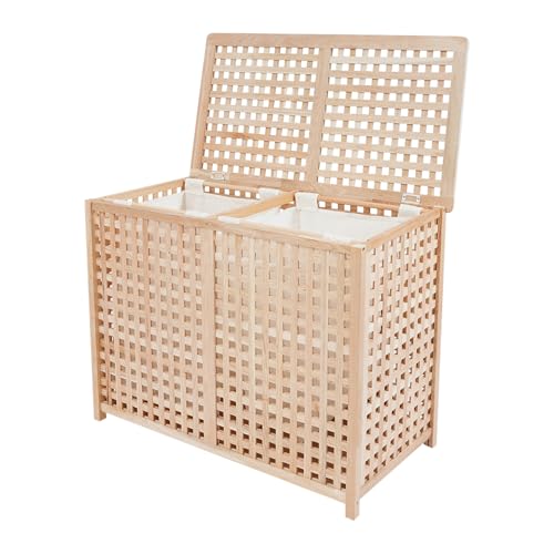 Etrhdfyts Wäschekorb 2 Fächer mit Deckel Rattan Holz Wäschetruhe mit Herausnehmbarem Baumwoll-Wäschesack,Wäschesammler Wäschebox Wäschetonne 89x46x67cm von Etrhdfyts