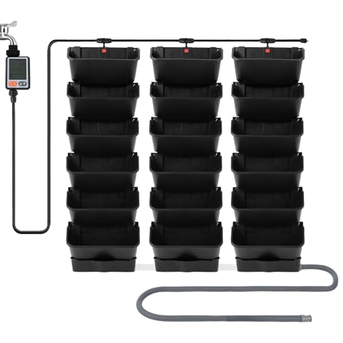 Wand-Blumentopf mit Bewässerungssystem Elektrisch Automatisch 18 Stück Pflanztöpfe Timer Regensensor Hängend Pflanzenwand Selbstbewässerung Pflanzgefäß mit Batterien Einstellbar-Tropfen LCD-Anzeige von Etrhdfyts