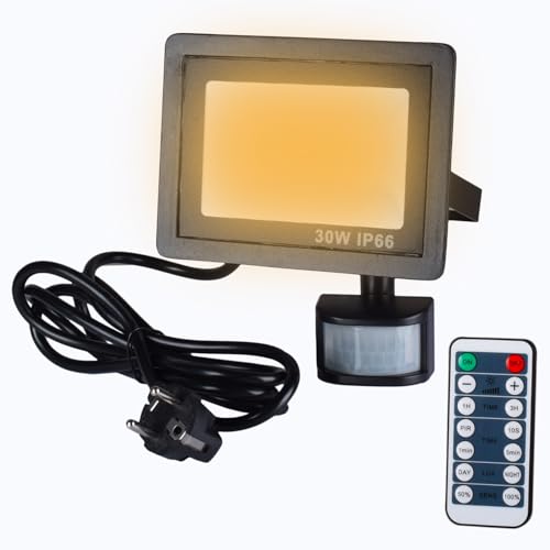 Etrogo 30W LED Strahler mit Bewegungsmelder Außen mit Fernbedienung Lichtsenso 3000K Warmweiß 3000Lm Dimmbar 42Leds IP66 Wasserdicht Fluter für Garten Garage Sportplatz von Etrogo