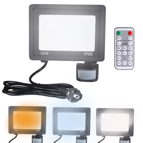 Etrogo 50W LED Strahler mit stecker mit Bewegungsmelder Außen mit Fernbedienung Lichtsenso 3000K Warmweiß 4500K kühlweiß 6000K 5000Lm Dimmbar Leds IP66 Wasserdicht Fluter von Etrogo