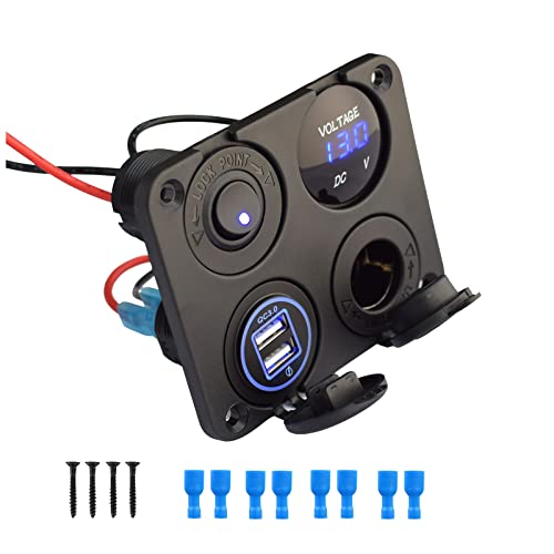 Etrogo Auto Schalter Panel 4-in-1 wasserdichte DC 12V mit QC3.0 USB Buchse, Auto Zigarettenanzünder, LED Voltmeter, Kippschalter für Wohnmobil Boot Caravan Truck von Etrogo