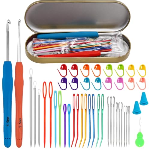 EuTengHao 65Pcs Assorted Yarn Needles Set, Gebogene Gobelin-Nadel Großes Auge Stumpfe Stricknadeln Weben Stopfnadeln Häkelnadeln mit Stichmarkierungen mit Aufbewahrungsbox für Stricken Häkeln Nähen von EuTengHao