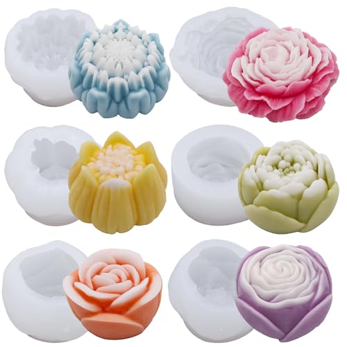 EuTengHao Blumen-Fondant-Silikonform 3D-Blüte Rose Pfingstrose Harzform für Wachs-Duftkerzen Seifenherstellung Heimdekoration (6er-Pack) von EuTengHao