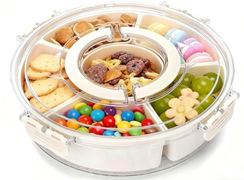Euakee Snackbox Mit Fächern, Rund Snackbo Drehbar, Picknick Box Mit Fächern,Mit Deckel Und Griff, 6 Fächern Servierplatte Rund Snackbox Drehbar Für Süßigkeiten Obst Kekse Gemüse (Runde) von Euakee