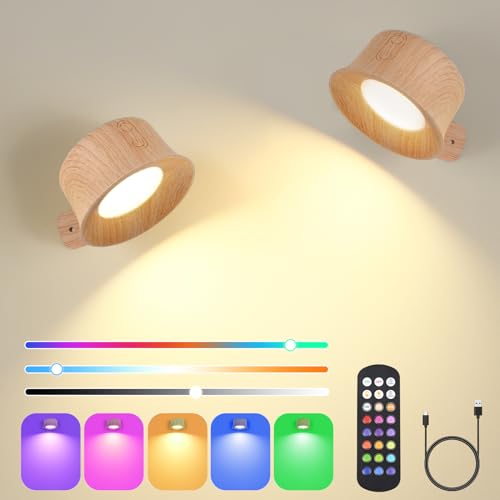 Euakee Wandleuchte Innen 2 Stück, RGB Wandlampe Wandlichter Ohne Stromanschluss, Dimmbarer Helligkeit, Touch und Fernbedienung, 360° Drehbare Akku Wandleuchte Für Kinder Wohnzimmer Schlafzimmer von Euakee