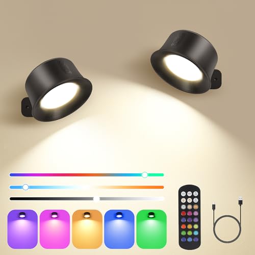 Euakee Wandleuchte Innen 2 Stück, RGB Wandlampe Wandlichter Ohne Stromanschluss, Dimmbarer Helligkeit, Touch und Fernbedienung, 360° Drehbare Akku Wandleuchte Für Kinder Wohnzimmer Schlafzimmer von Euakee