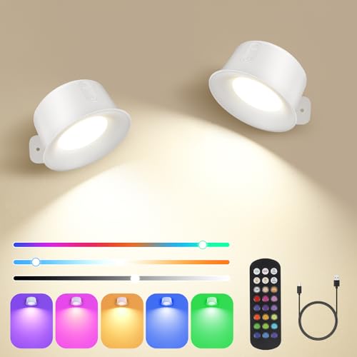 Euakee Wandleuchte Innen 2 Stück, RGB Wandlampe Wandlichter Ohne Stromanschluss, Dimmbarer Helligkeit, Touch und Fernbedienung, 360° Drehbare Akku Wandleuchte Für Kinder Wohnzimmer Schlafzimmer(Weiß) von Euakee