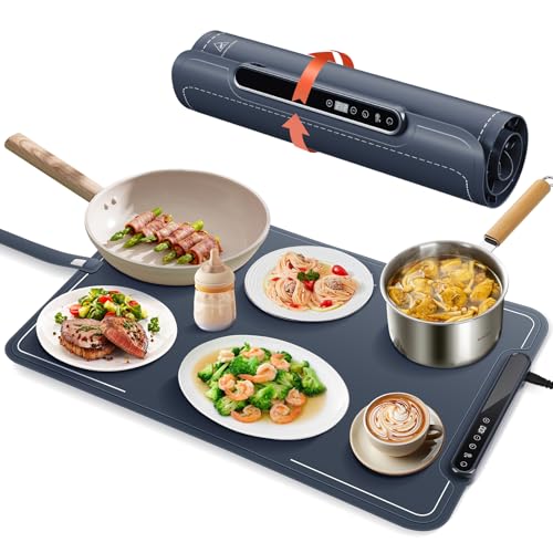 Euakee Warmhalteplatte für Speisen, Elektrisch Speisewärmer aus Silikonmaterial, 7-stufige Temperaturregelung mit LCD-Anzeige, Tragbare und Faltbare, für Warm Halten oder Auftauen (02) von Euakee