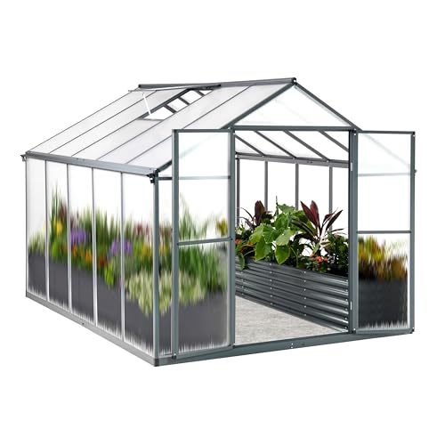 Euboer Gewächshaus Aluminium mit 302 x 238cm Fundament 4mm Platten gartengewächshäuser groß Treibhaus Winterfest Frühbeet Aufzucht 11,70m³ Doppeltür Grau von Euboer