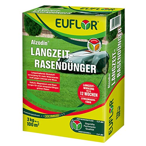 Euflor Alzodin Langzeit-Rasendünger•3kg Spezialdünger mit Stickstoff 20+5+8 mit 2% MgO und 1% Eisen•Hochwertiger Volldünger•Langzeitwirkung für 12 Wochen • Hindert Unkreit und Moos • Streuwagenfähig von Euflor