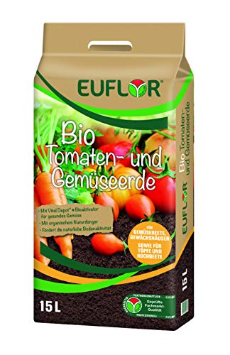 Euflor Bio Tomaten Gemüseerde 15 L hochwertige Spezialerde für Tomaten und Gemüsepflanzen, für kräftige Pflanzen und Reichhaltige Erte von Euflor