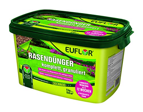 Euflor Rasendünger 5kg granuliert•milder Organisch-mineralischer Spezial-Dünger 10+4+5 mit 2% MgO und 1% wasserlöslichem Eisen•Granulat zur Bodenverbesserung•Beseitigt Nährstoffmängel von Euflor