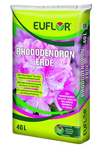 Euflor Rhododendron 40 L Erde für Moorbeetpflanzen mit niedrigem Ph-Wert, Reichhaltige Grunddüngung mit 12 Wochen Langzeitwirkung, zur Rivitaliserung geeignet von Euflor