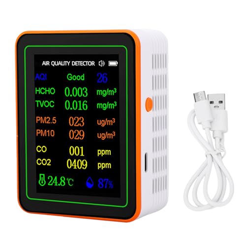 Eujgoov Air Quality Index CO2 -Detektor TFT Farbanzeige TVOC HCHO PM2.5 PM10 Tester mit Batterie für Home Office (Weiß-Orange) von Eujgoov