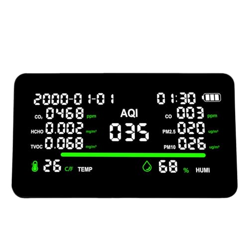 Luftqualitätsdetektor 11 in 1 CO2 HCHO TVOC Tester PM2.5 PM10 TEMP Feuchtigkeitsindex mit Datumszeitanzeige für Home Office Garage Factory von Eujgoov