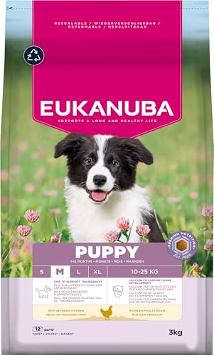 Eukanuba Welpenfutter mit frischem Huhn für mittelgroße Rassen, Premium Trockenfutter für Junior Hunde, 3 kg Eukanuba Welpenfutter mit frischem Huhn für mittelgroße Rassen, Premium Trockenfutter für Junior Hunde, 3 kg von Eukanuba