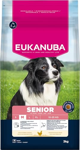Eukanuba Senior Hundefutter mit frischem Huhn für mittelgroße Rassen, Premium Trockenfutter für ältere Hunde, 3 kg Eukanuba Senior Hundefutter mit frischem Huhn für mittelgroße Rassen, Premium Trockenfutter für ältere Hunde, 3 kg von Eukanuba