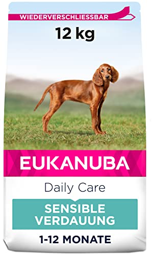 Eukanuba Daily Care Sensitive Digestion Welpenfutter - Trockenfutter für Welpen mit sensibler Verdauung, Magenfreundlich mit leicht verdaulichem Reis, 12 kg von Eukanuba