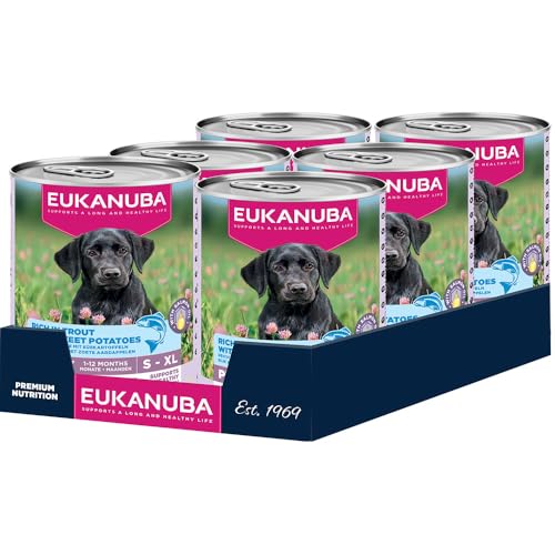 Eukanuba Welpenfutter Nass mit Forelle und Süßkartoffeln, Getreidefreies Premium Nassfutter für Junior Hunde, 6 x 400 g Dosen Eukanuba Welpenfutter Nass mit Forelle und Süßkartoffeln, Getreidefreies Premium Nassfutter für Junior Hunde, 6 x 400 g Dosen von Eukanuba