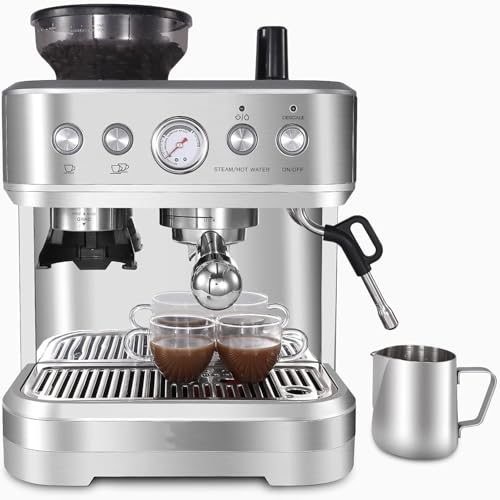 Espressomaschine Mit 2.3 L Wassertank – 15 Bar Extraktionsdruck, Espresso SiebträGermaschine Integriertes Mahlwerk & Professionelle Milchschaumdüse für Cappuccino und Latte, Edelstahl, Silber von Euker