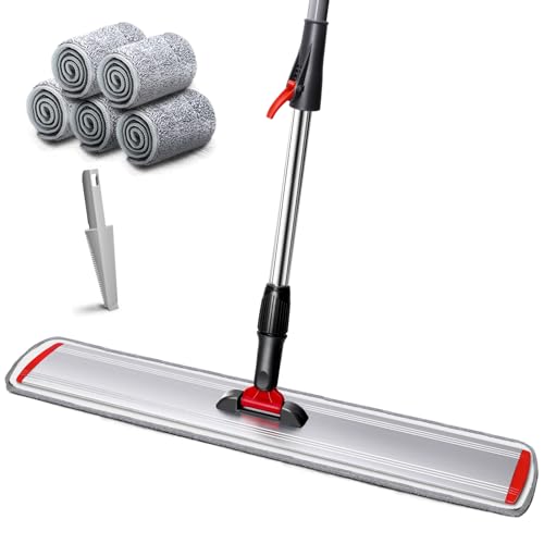 Eukue Bodenwischer Set, 60cm Wsichmopp mit 5 Moppkopf, Mikrofaser Wischer Flachmop Set mit Einstellbar Aluminiumgriff, Wischer Boden Geeignet für Alle Boden, Rot von Eukue